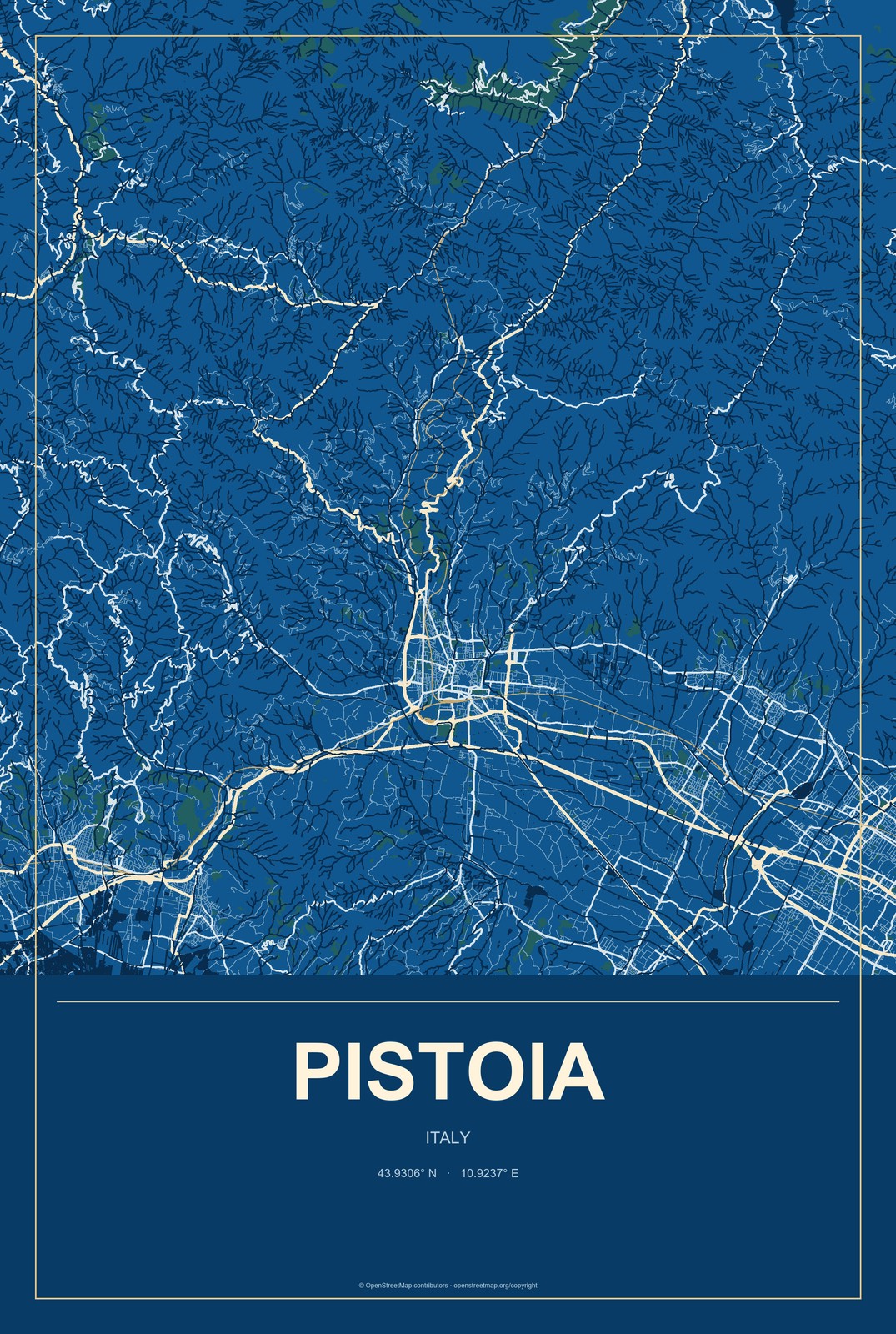 Pistoia, Italy City Map Aluminum Sign in Harbor Cobalt style
