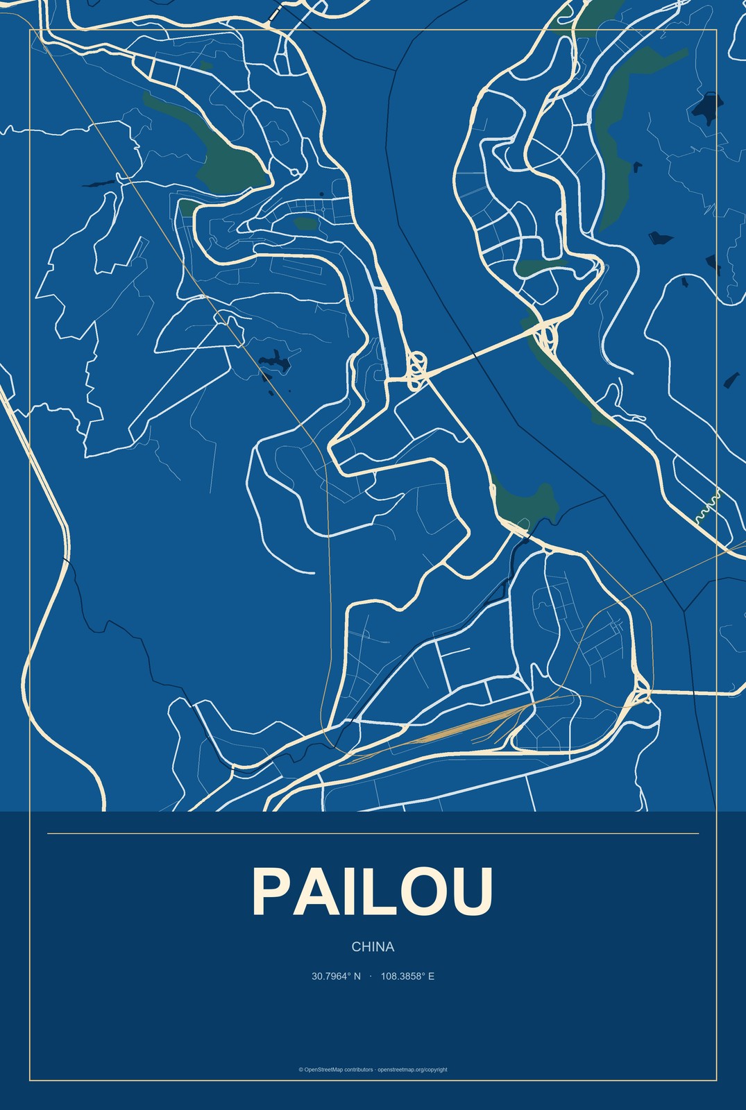 Pailou, China City Map Aluminum Sign in Harbor Cobalt style