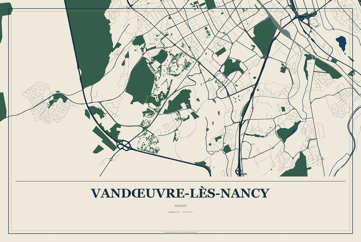 Vandœuvre-lès-Nancy, France City Map Aluminum Sign in Coastal Cutout style