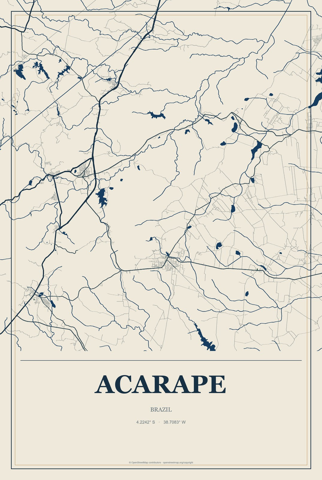 Acarape, Brazil City Map Aluminum Sign in Coastal Cutout style