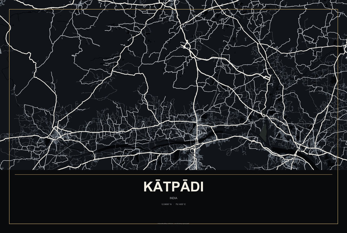 Kātpādi, India City Map Aluminum Sign in Metropolitan Noir style