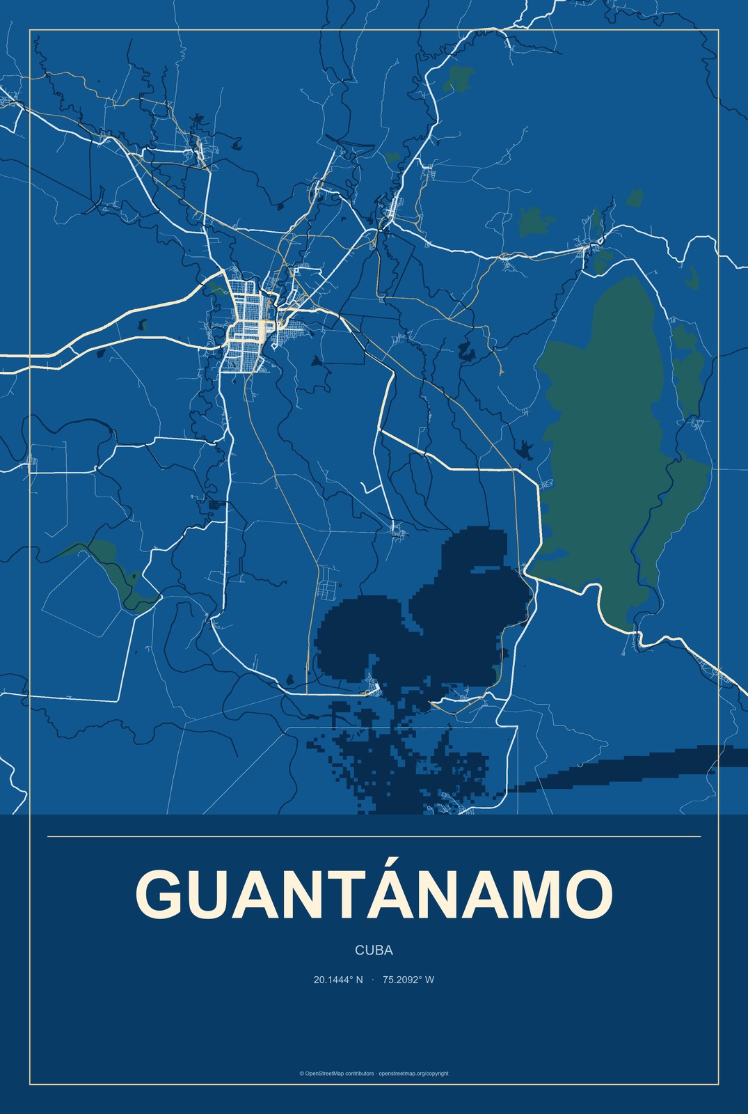 Guantánamo, Cuba City Map Aluminum Sign in Harbor Cobalt style