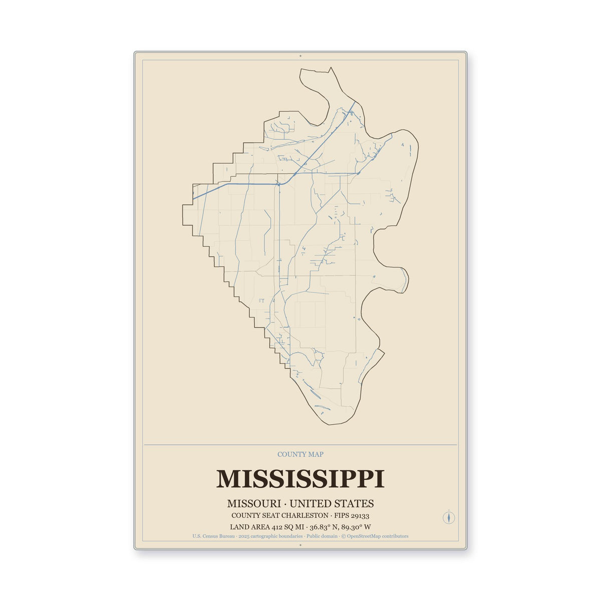 Mississippi County, Missouri Map Aluminum Sign in Heritage Nautical style
