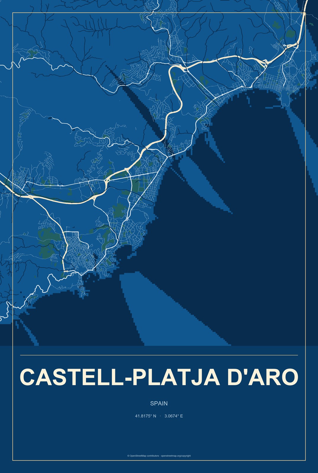 Castell-Platja d'Aro, Spain City Map Aluminum Sign in Harbor Cobalt style