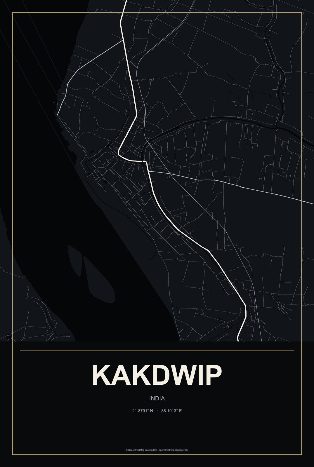 Kakdwip, India City Map Aluminum Sign in Metropolitan Noir style