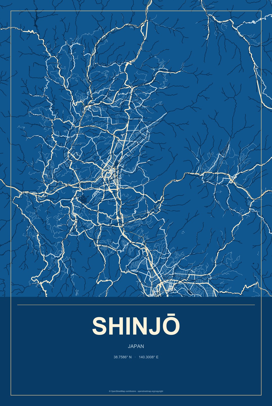Shinjō, Japan City Map Aluminum Sign in Harbor Cobalt style