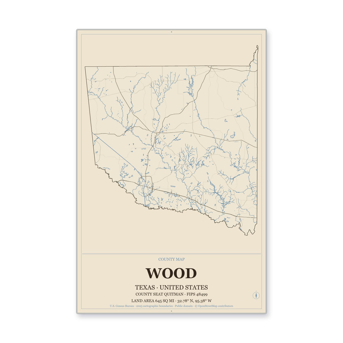 Wood County, Texas Map Aluminum Sign in Heritage Nautical style