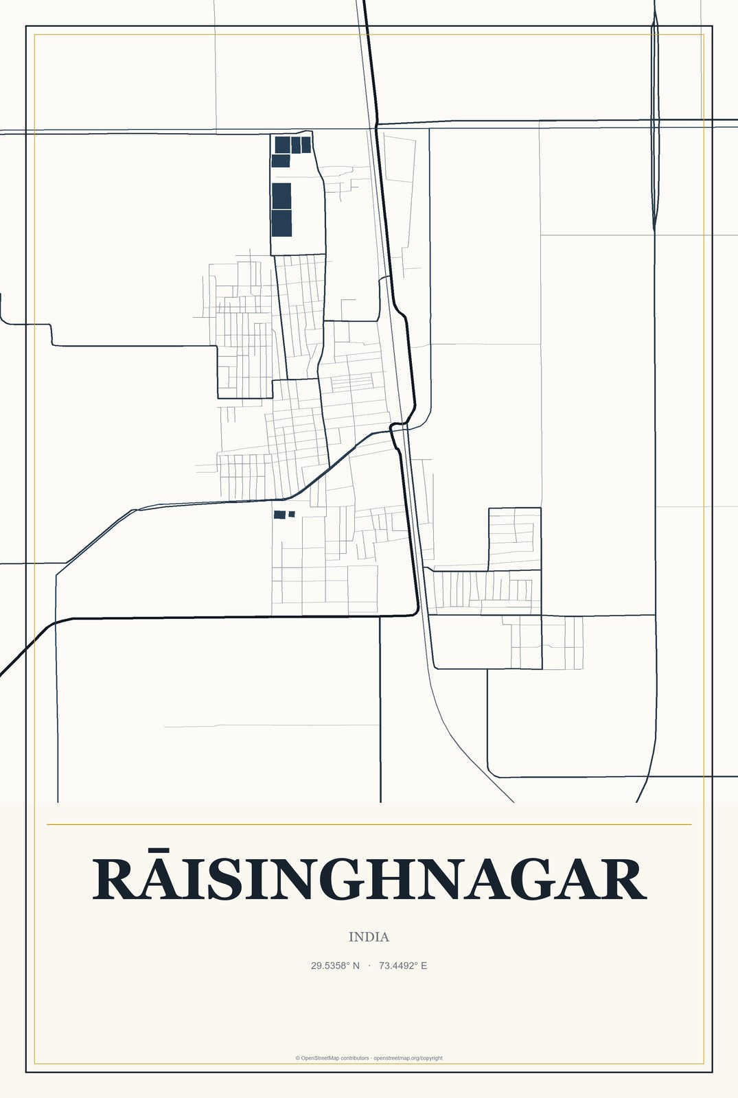 Rāisinghnagar, India City Map Aluminum Sign in Citrine Modern style