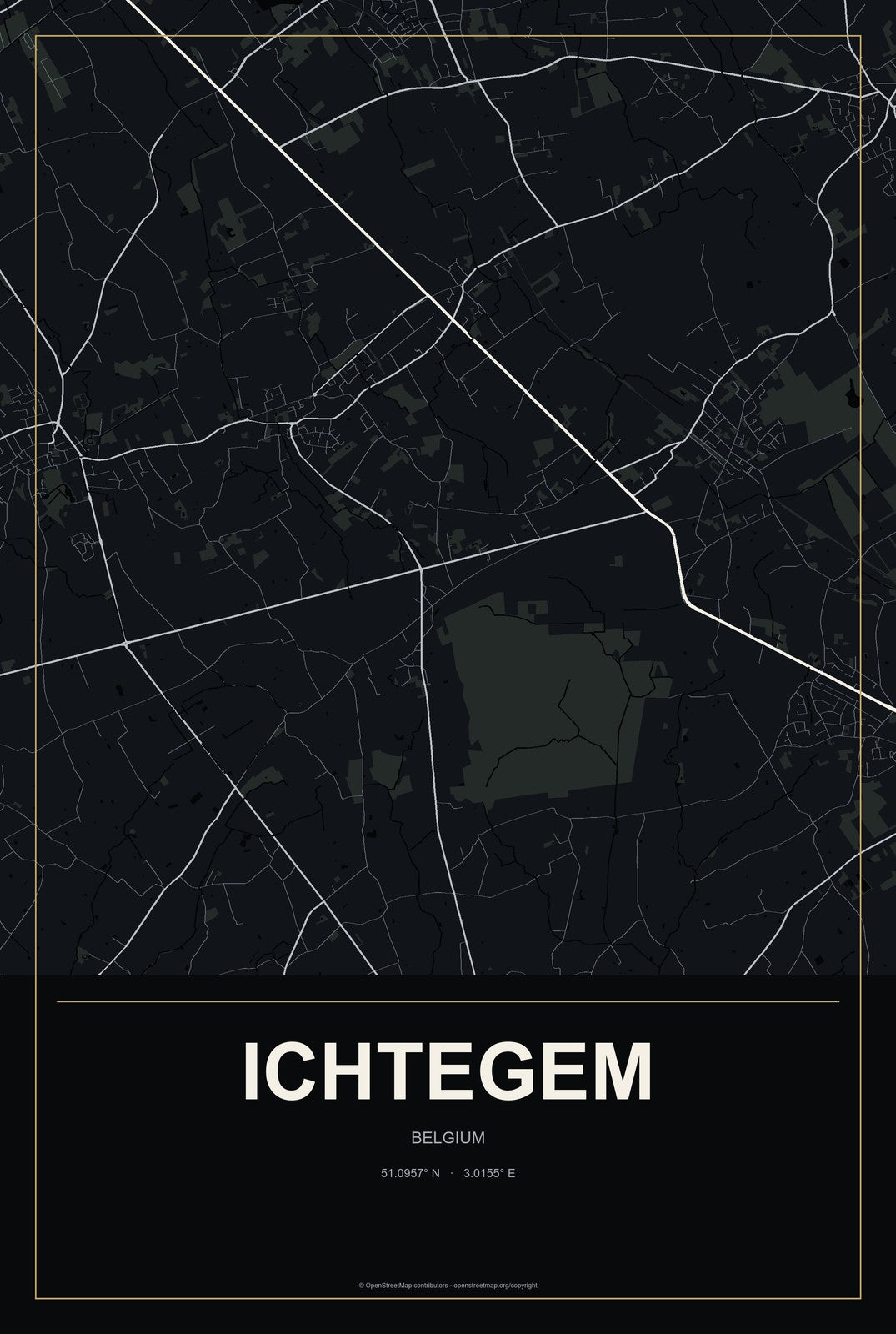 Ichtegem, Belgium City Map Aluminum Sign in Metropolitan Noir style