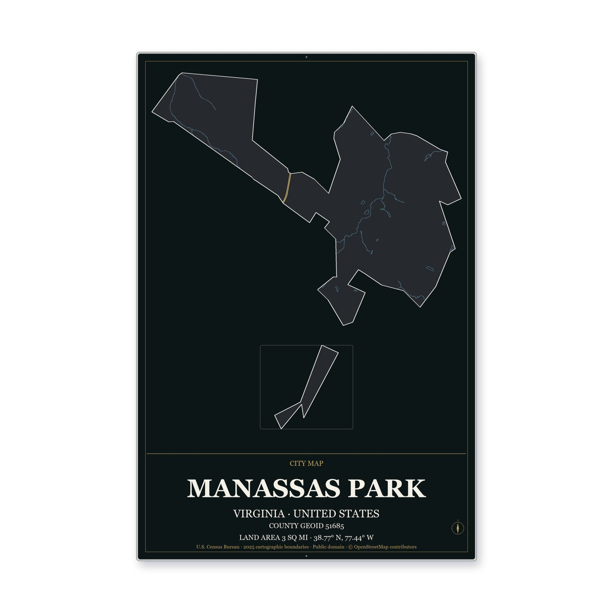 Manassas Park city, Virginia Map Aluminum Sign in Metropolitan Noir style