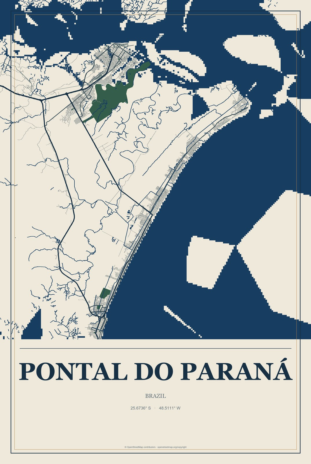 Pontal do Paraná, Brazil City Map Aluminum Sign in Coastal Cutout style