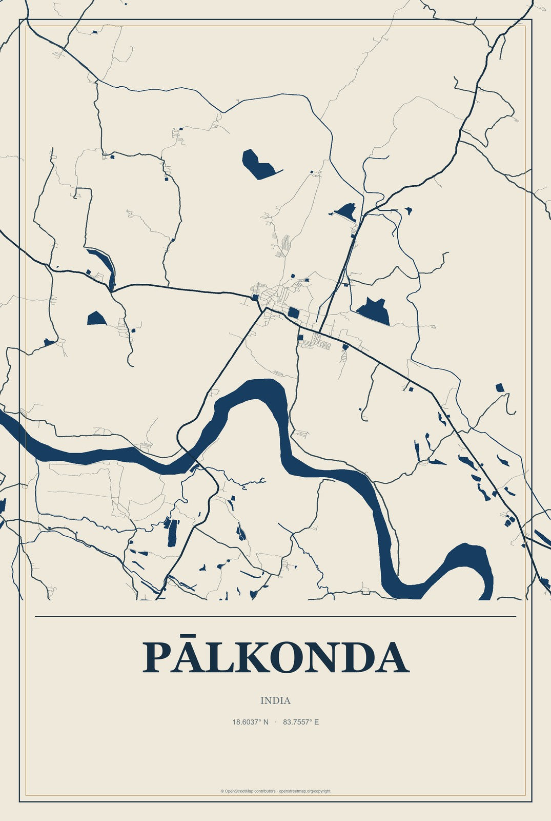 Pālkonda, India City Map Aluminum Sign in Coastal Cutout style
