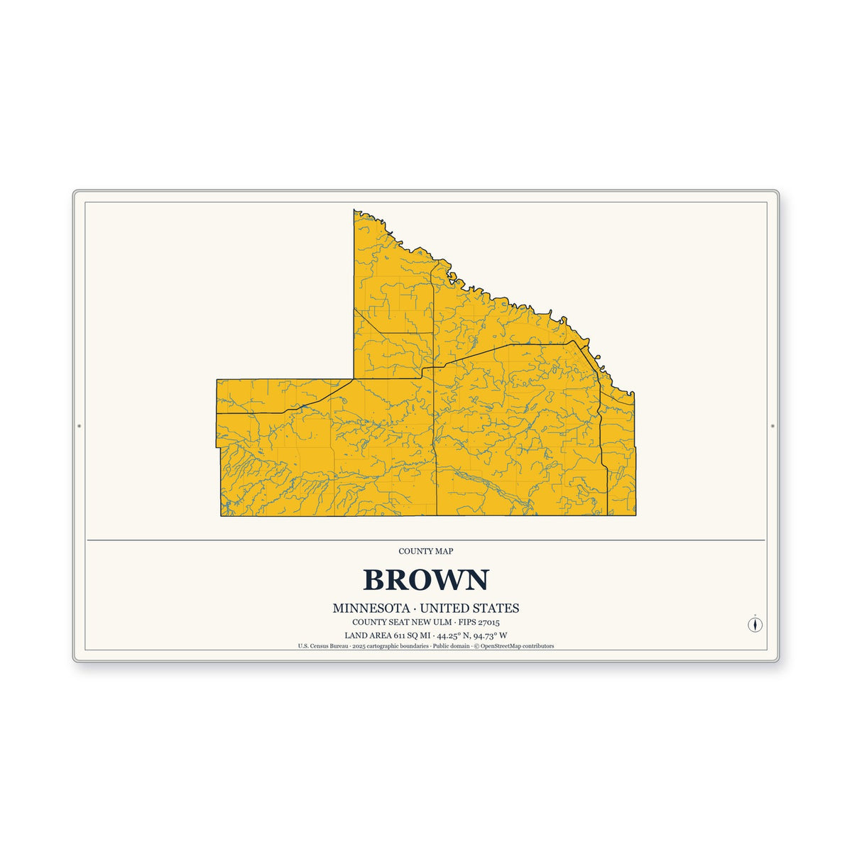 Brown County, Minnesota Map Aluminum Sign in Citrine Modern style