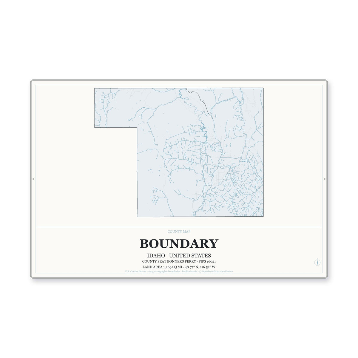 Boundary County, Idaho Map Aluminum Sign in Gallery Air style