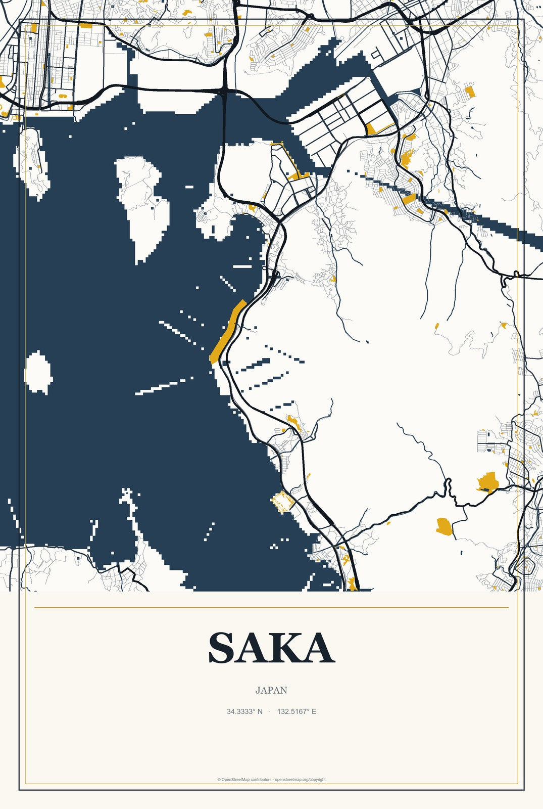Saka, Japan City Map Aluminum Sign in Citrine Modern style