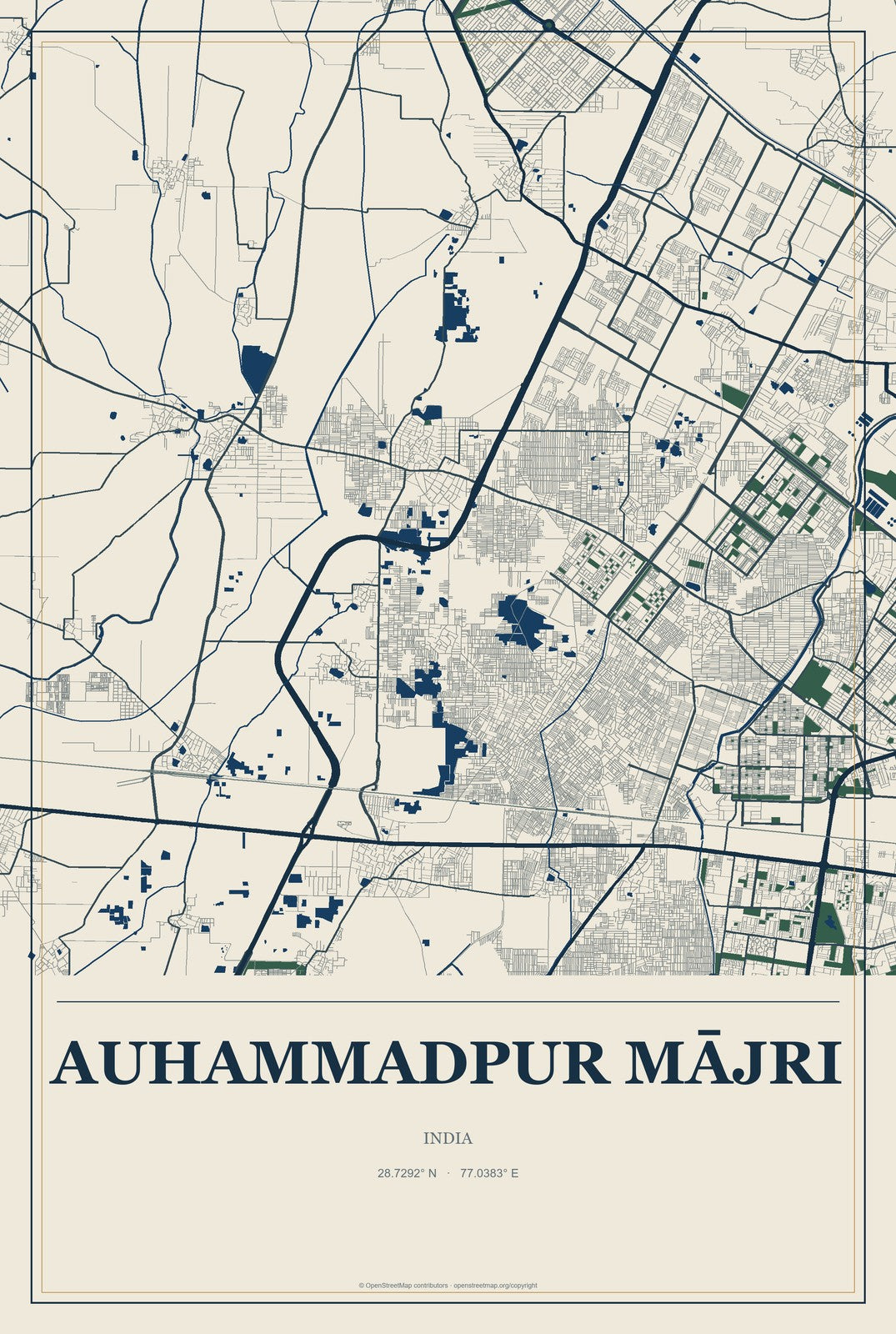 Auhammadpur Mājri, India City Map Aluminum Sign in Coastal Cutout style