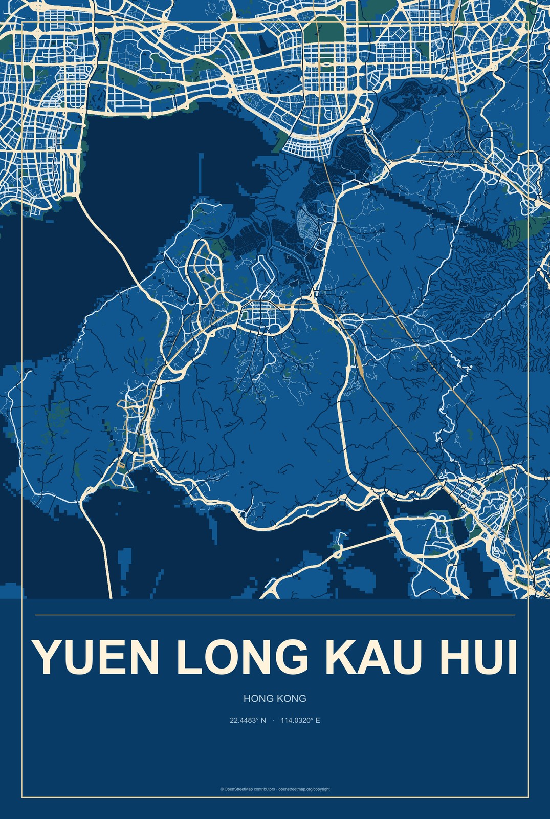 Yuen Long Kau Hui, Hong Kong City Map Aluminum Sign in Harbor Cobalt style