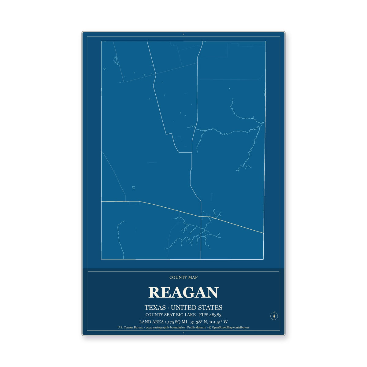 Reagan County, Texas Map Aluminum Sign in Harbor Cobalt style