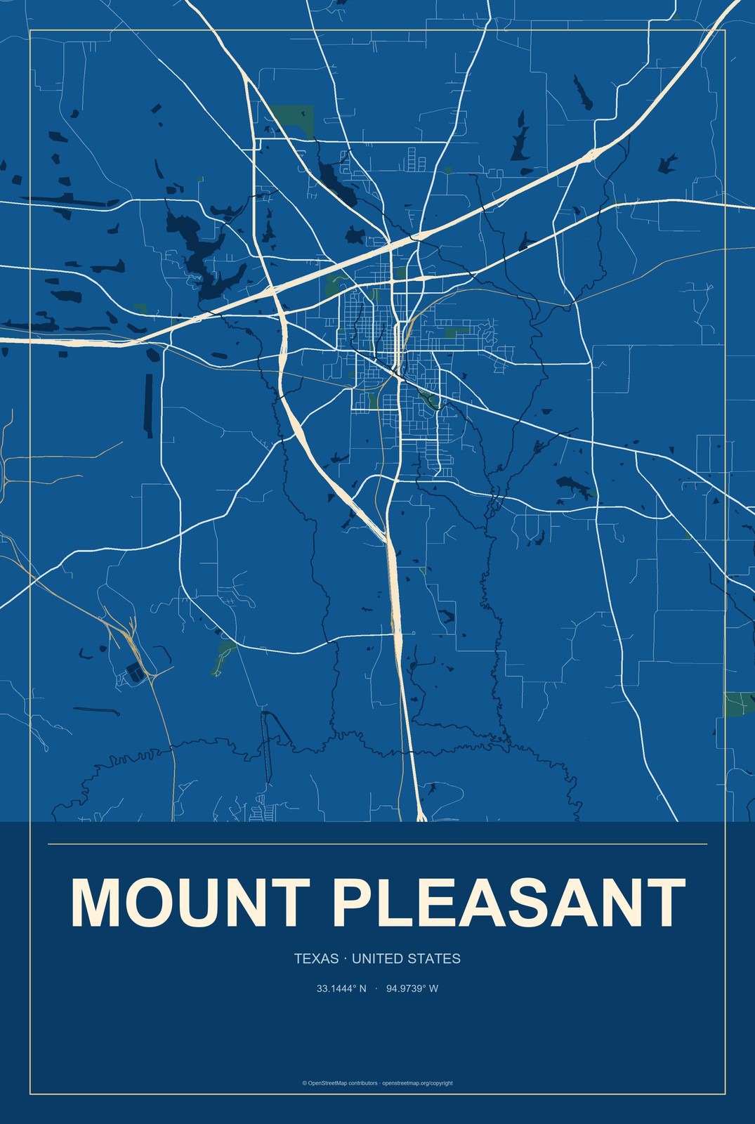 Mount Pleasant, Texas City Map Aluminum Sign in Harbor Cobalt style