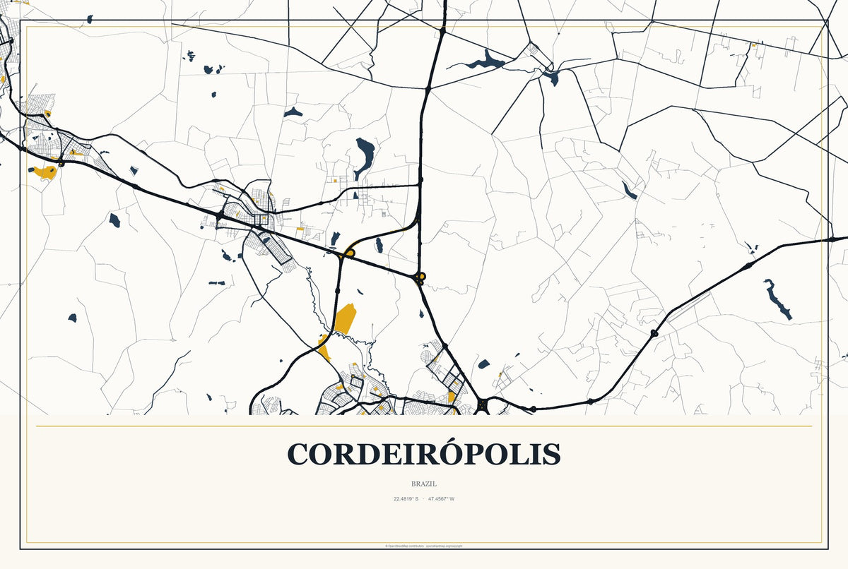 Cordeirópolis, Brazil City Map Aluminum Sign in Citrine Modern style