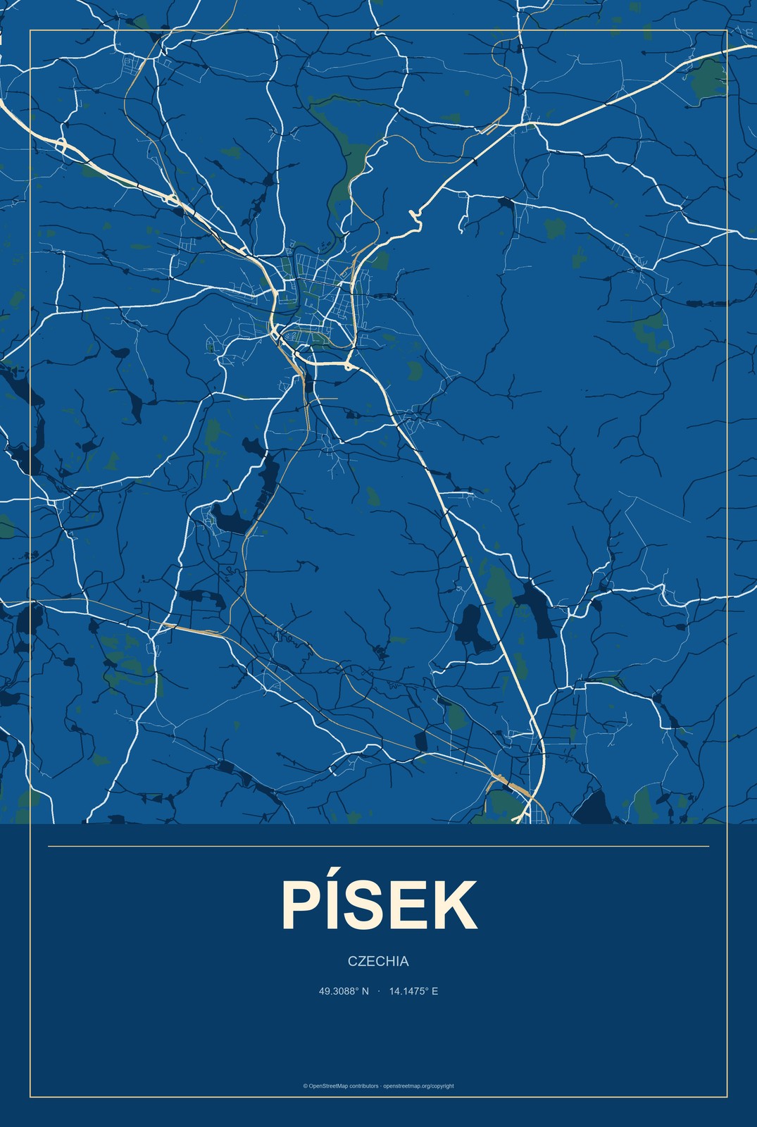 Písek, Czechia City Map Aluminum Sign in Harbor Cobalt style