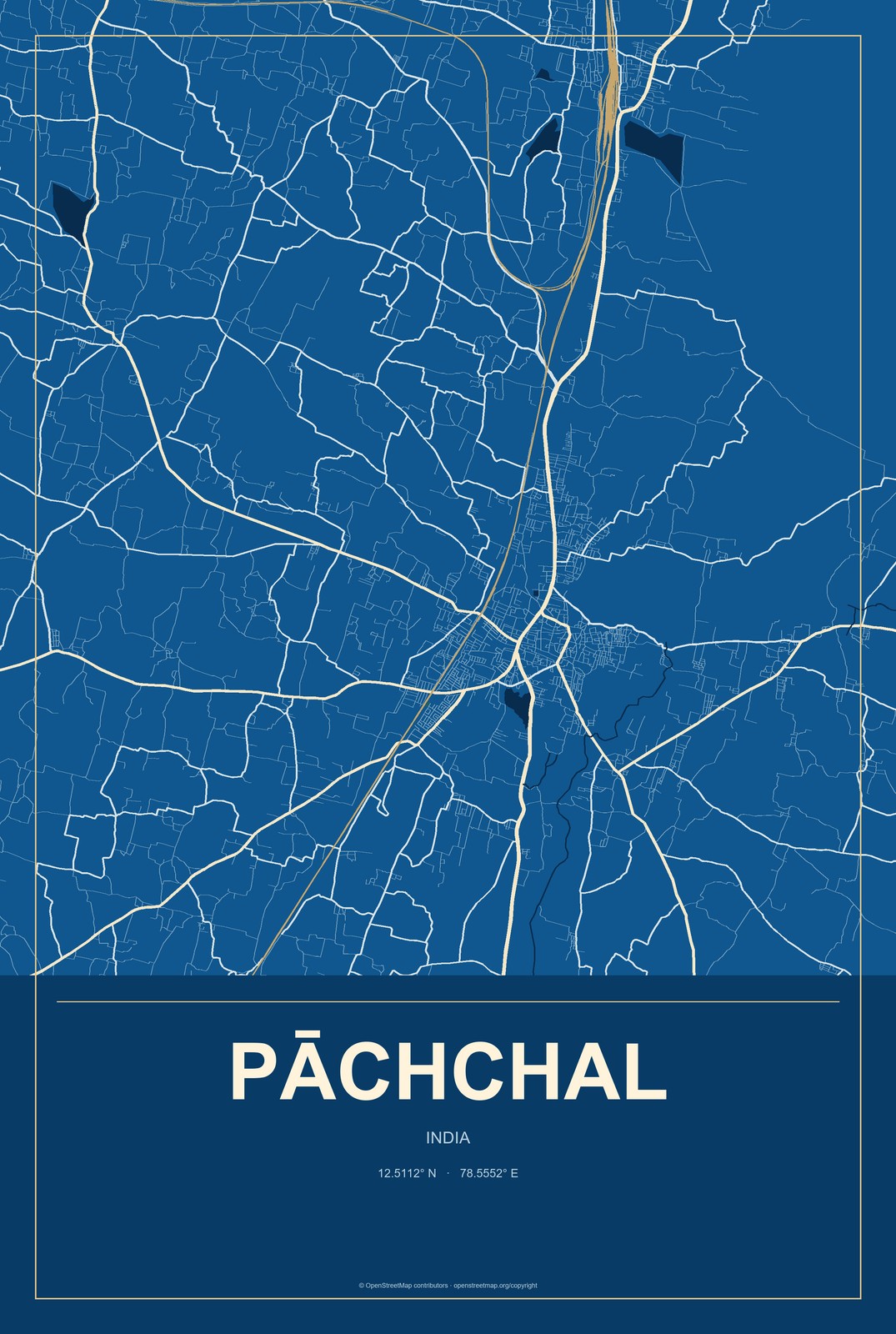 Pāchchal, India City Map Aluminum Sign in Harbor Cobalt style