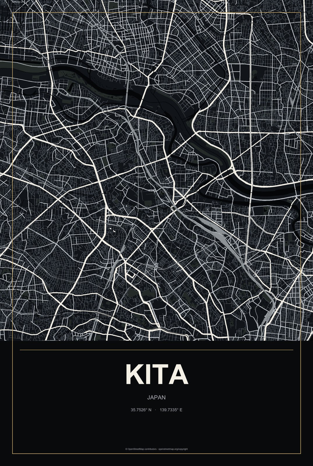 Kita, Japan City Map Aluminum Sign in Metropolitan Noir style