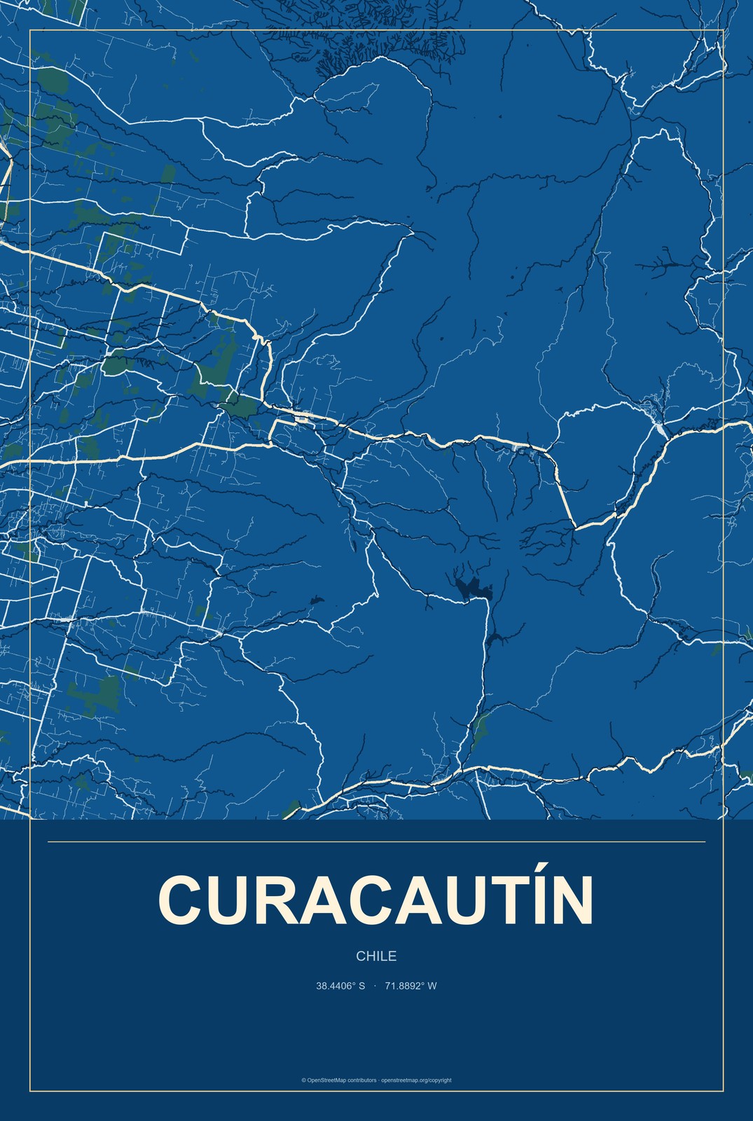 Curacautín, Chile City Map Aluminum Sign in Harbor Cobalt style