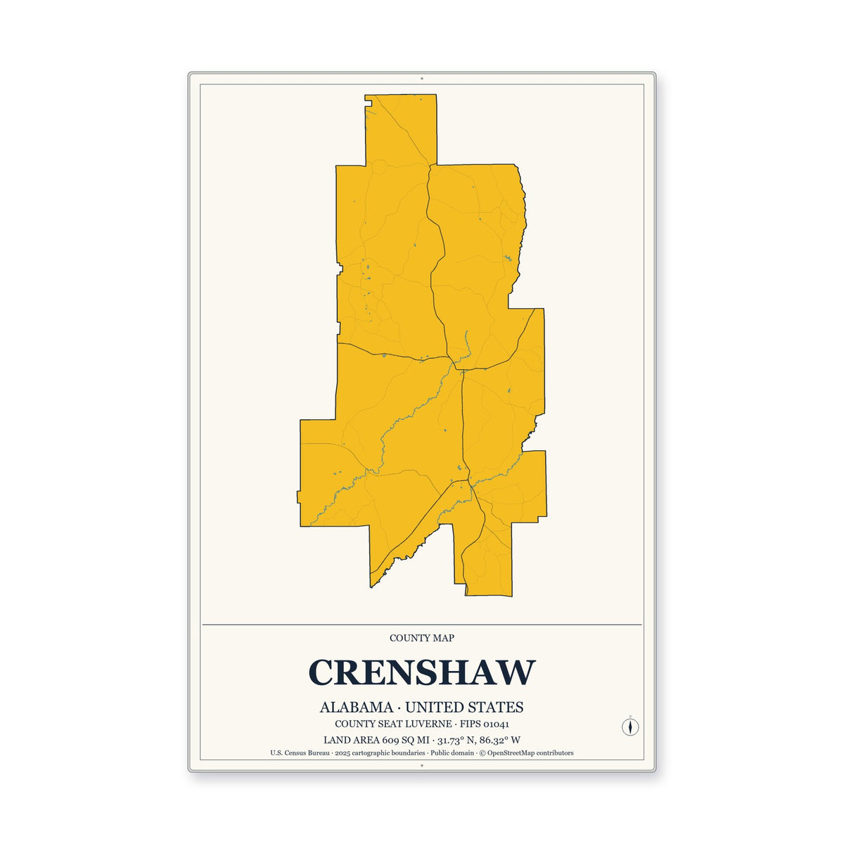 Crenshaw County, Alabama Map Aluminum Sign in Citrine Modern style