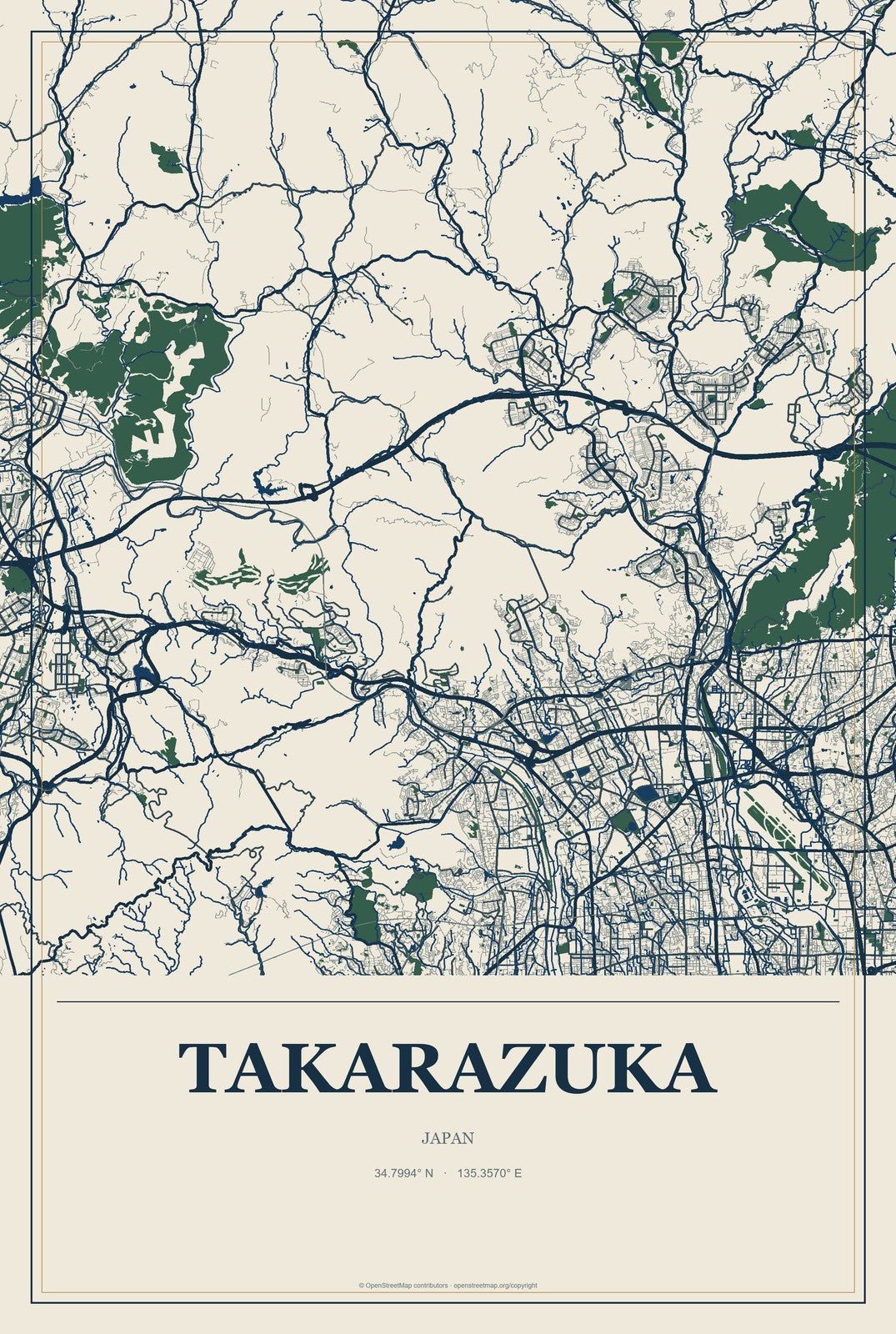 Takarazuka, Japan City Map Aluminum Sign in Coastal Cutout style