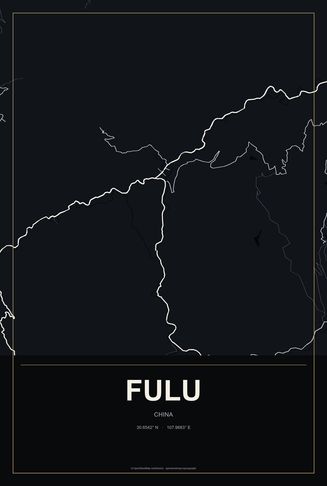 Fulu, China City Map Aluminum Sign in Metropolitan Noir style