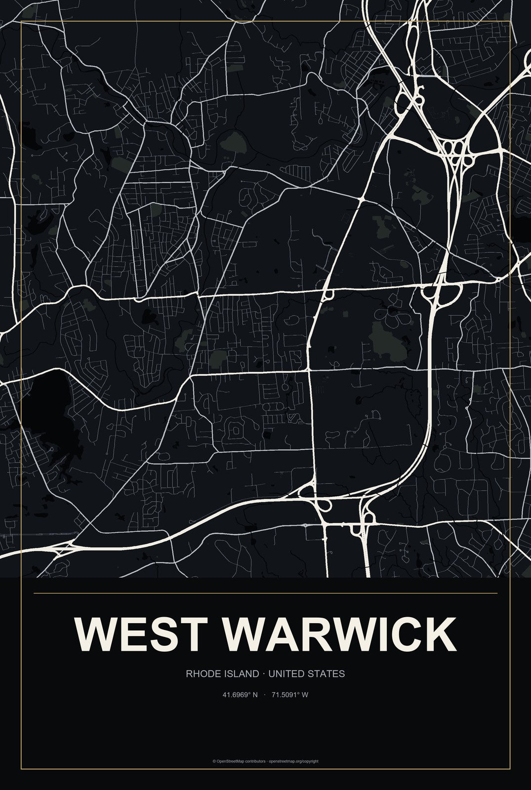 West Warwick, Rhode Island City Map Aluminum Sign in Metropolitan Noir style