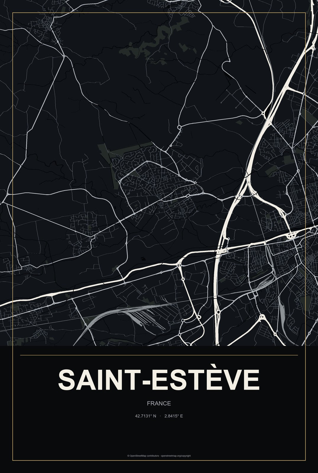 Saint-Estève, France City Map Aluminum Sign in Metropolitan Noir style