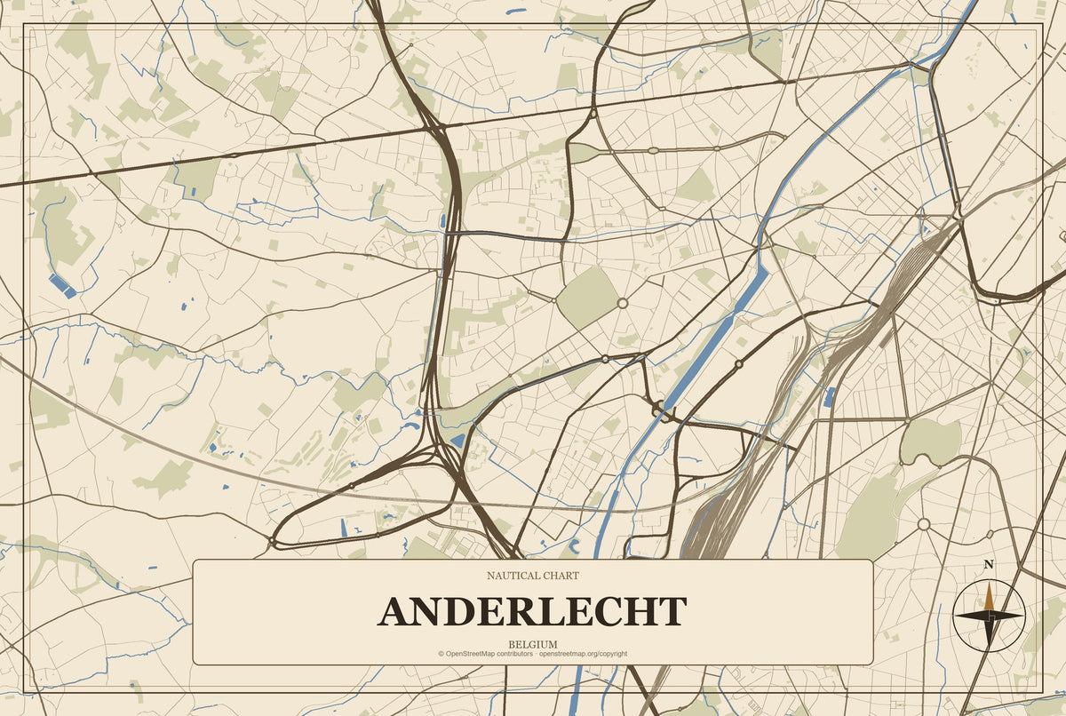 Anderlecht, Belgium City Map Aluminum Sign in Heritage Nautical style