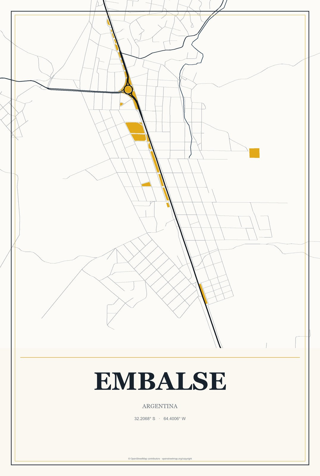 Embalse, Argentina City Map Aluminum Sign in Citrine Modern style