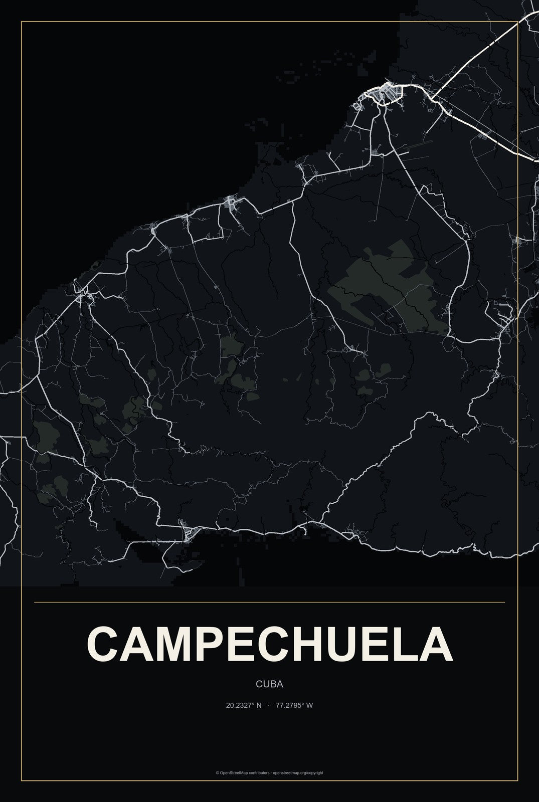 Campechuela, Cuba City Map Aluminum Sign in Metropolitan Noir style