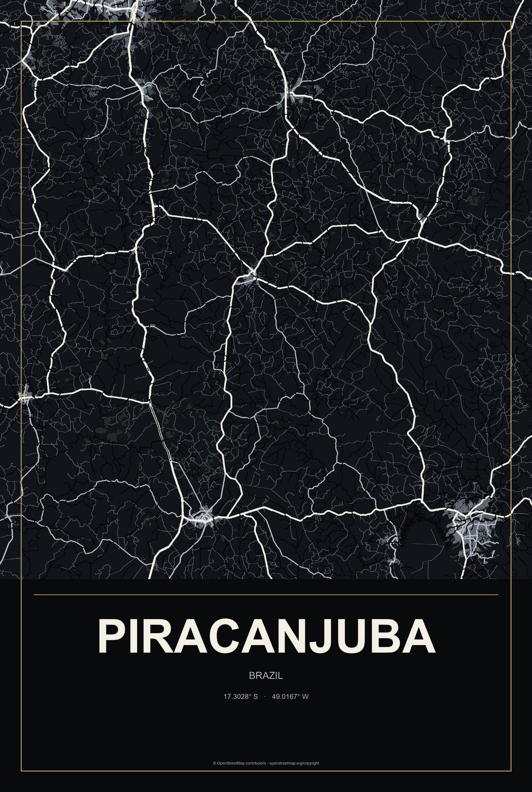 Piracanjuba, Brazil City Map Aluminum Sign in Metropolitan Noir style