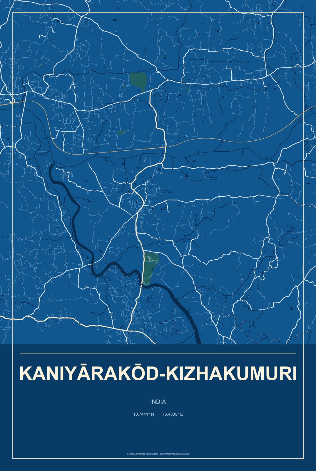 Kaniyārakōd-Kizhakumuri, India City Map Aluminum Sign in Harbor Cobalt style