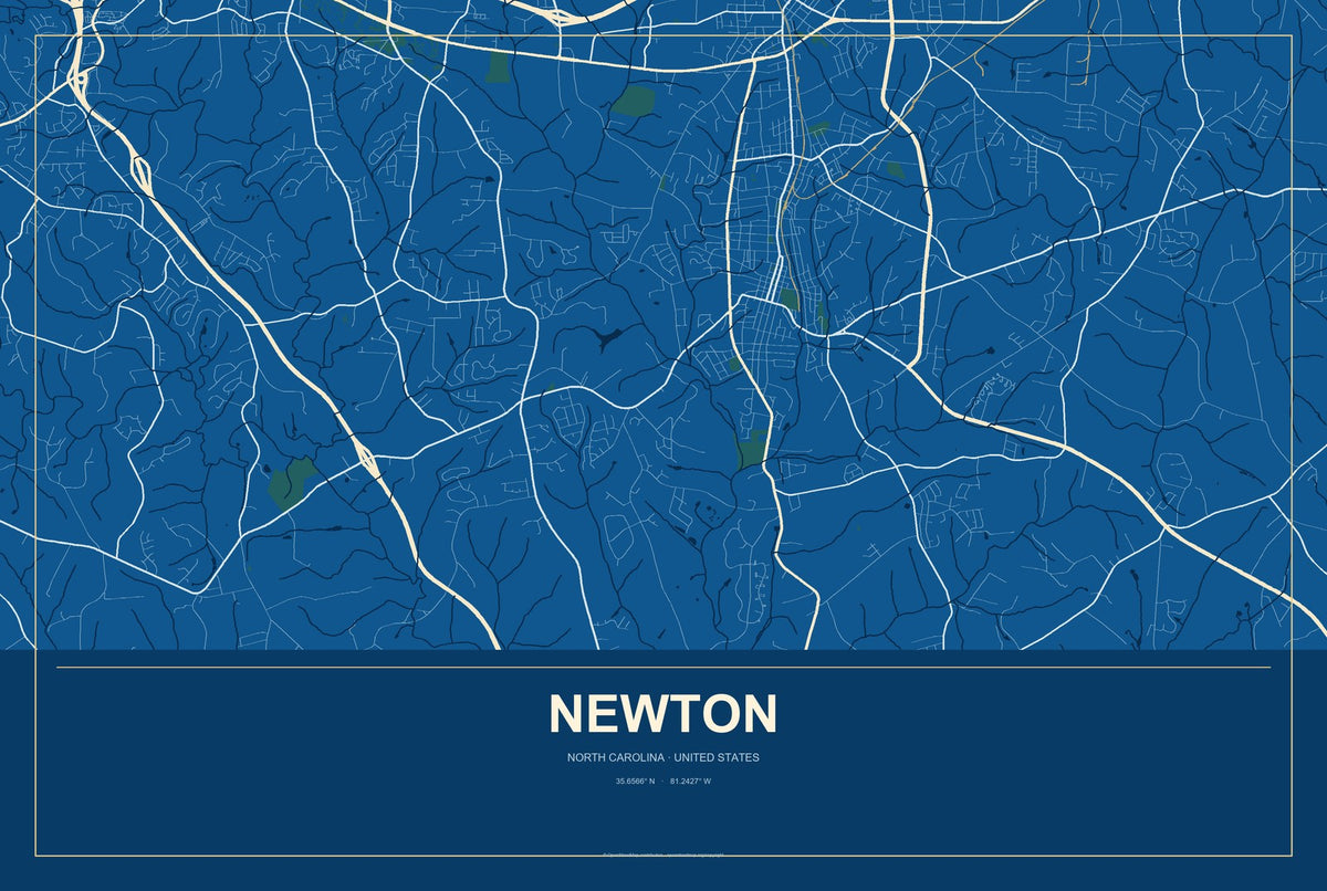 Newton, North Carolina City Map Aluminum Sign in Harbor Cobalt style