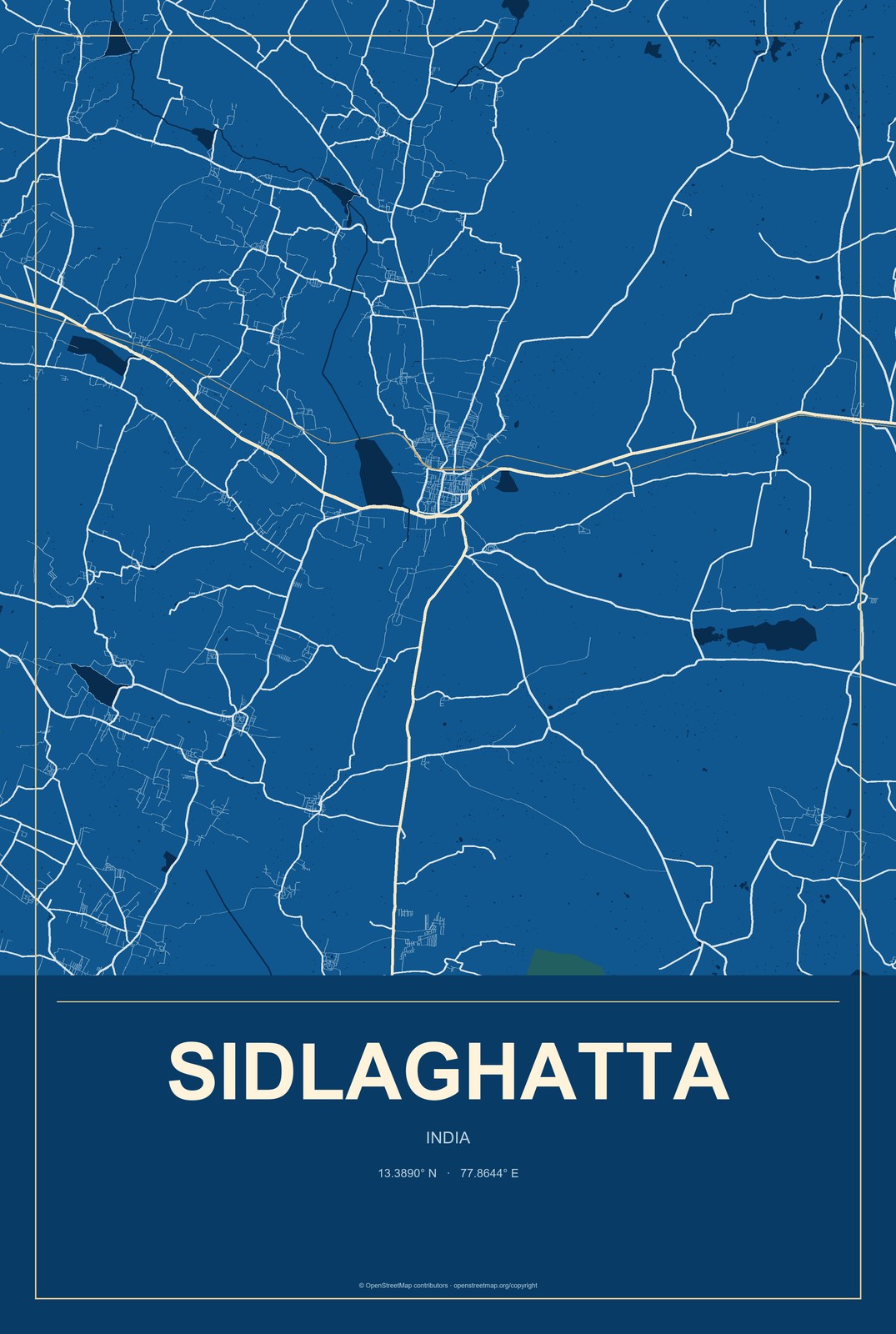 Sidlaghatta, India City Map Aluminum Sign in Harbor Cobalt style