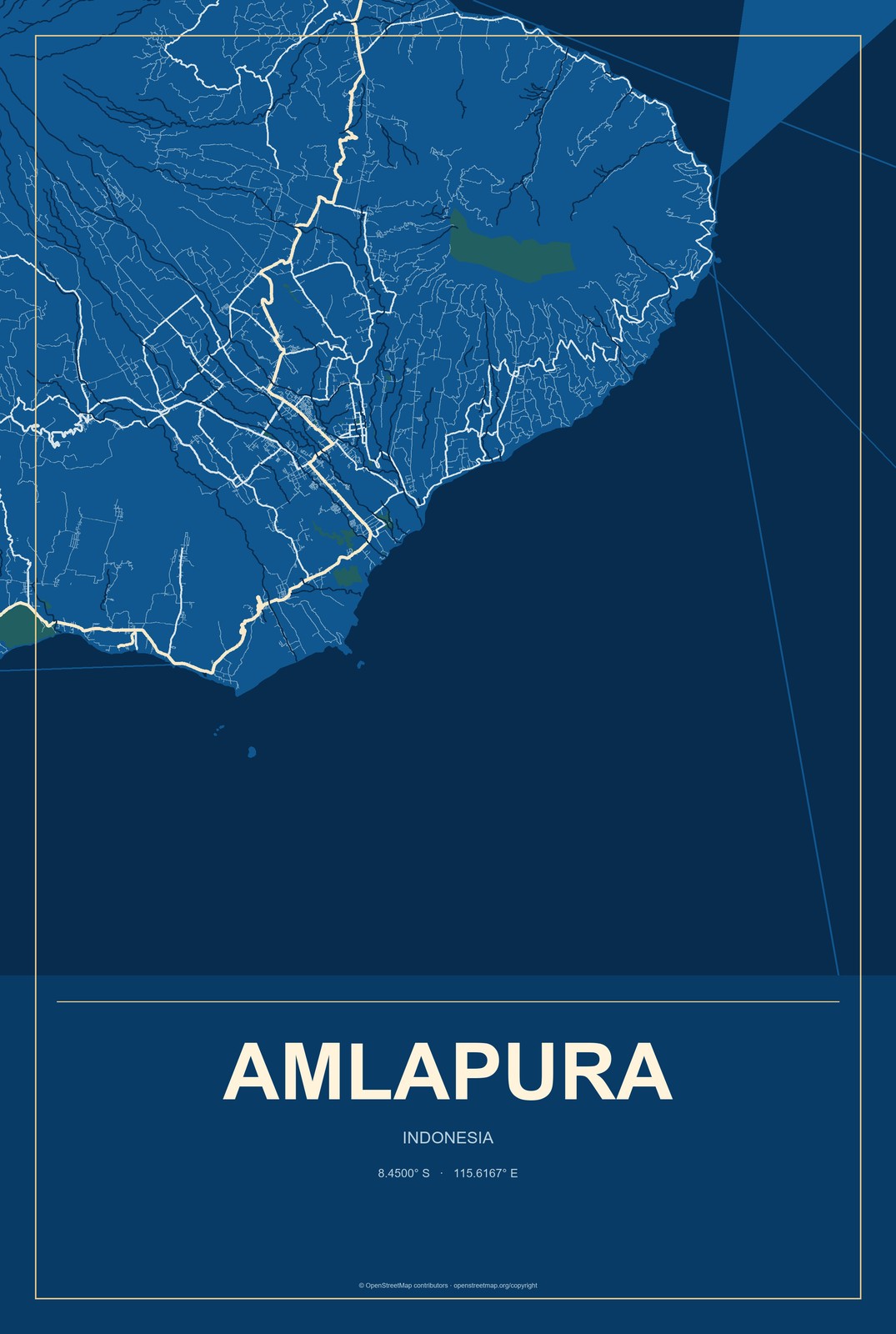 Amlapura, Indonesia City Map Aluminum Sign in Harbor Cobalt style