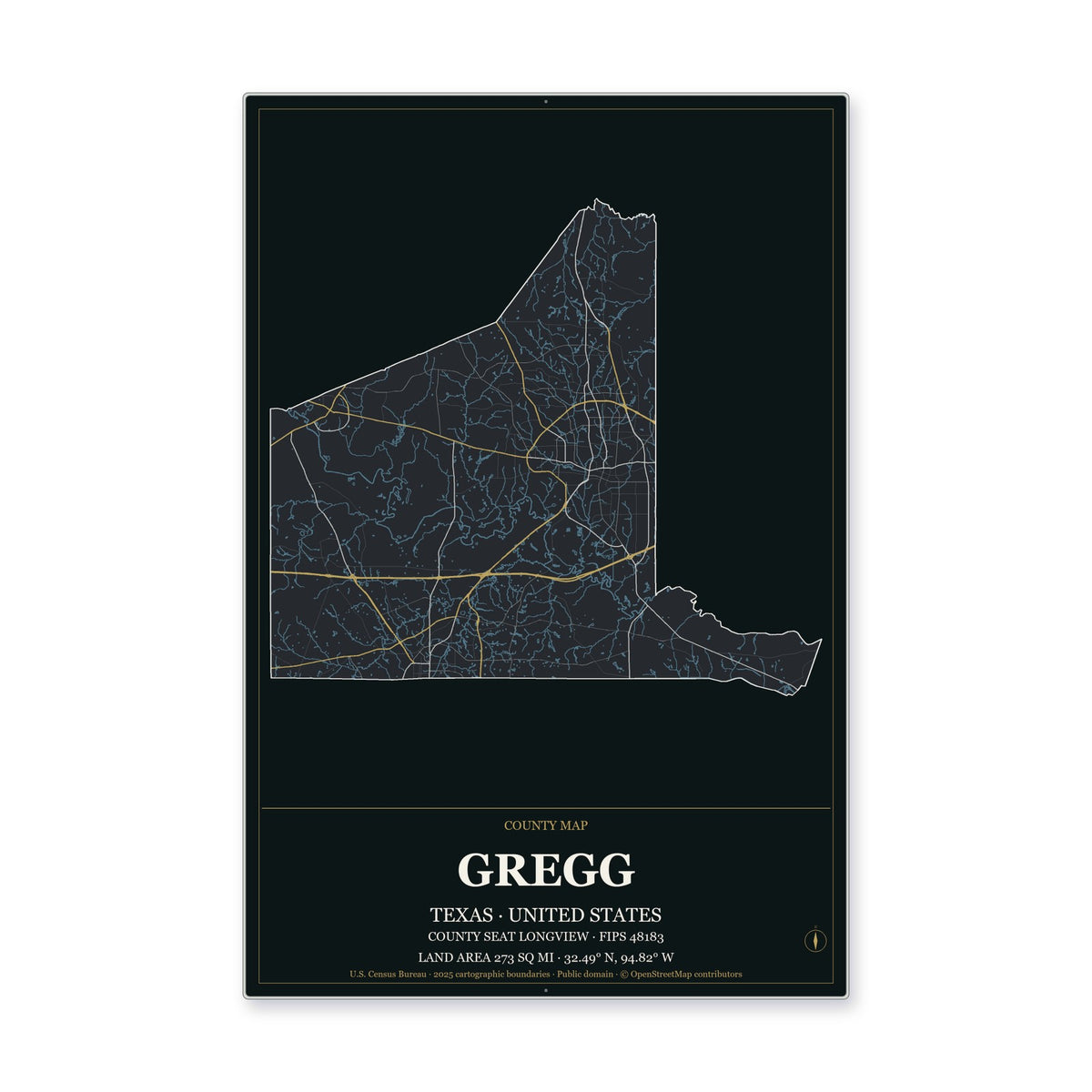 Gregg County, Texas Map Aluminum Sign in Metropolitan Noir style