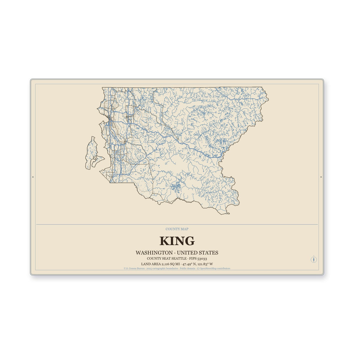 King County, Washington Map Aluminum Sign in Heritage Nautical style