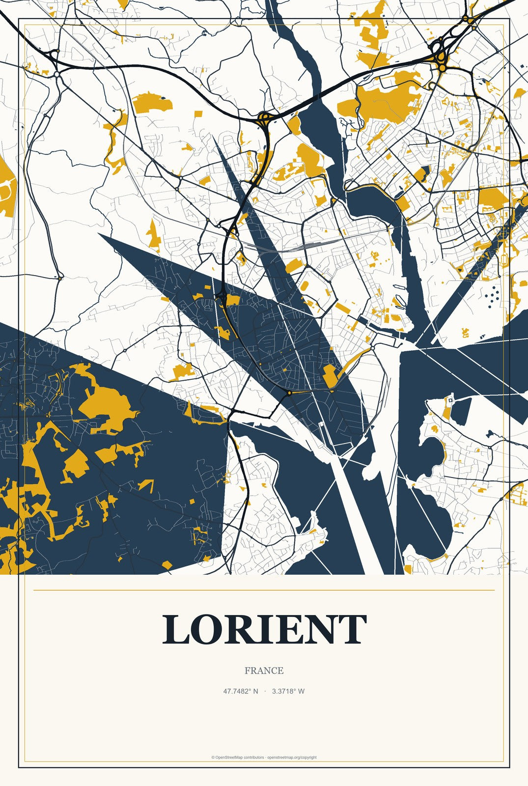 Lorient, France City Map Aluminum Sign in Citrine Modern style