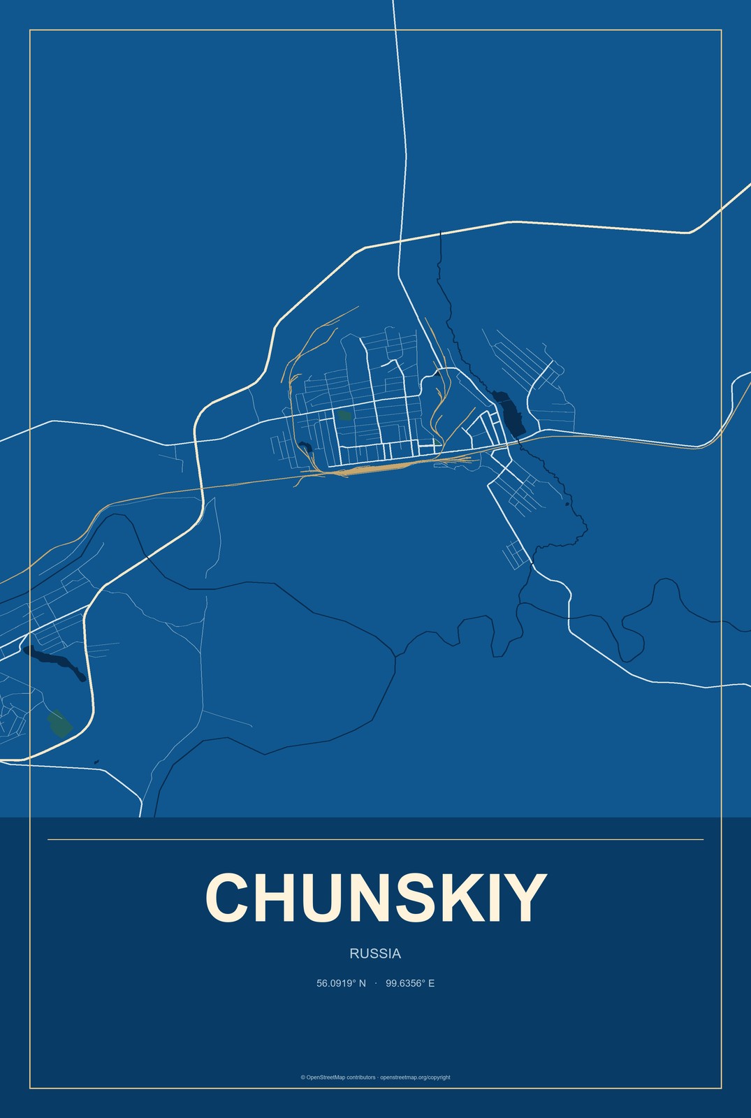 Chunskiy, Russia City Map Aluminum Sign in Harbor Cobalt style