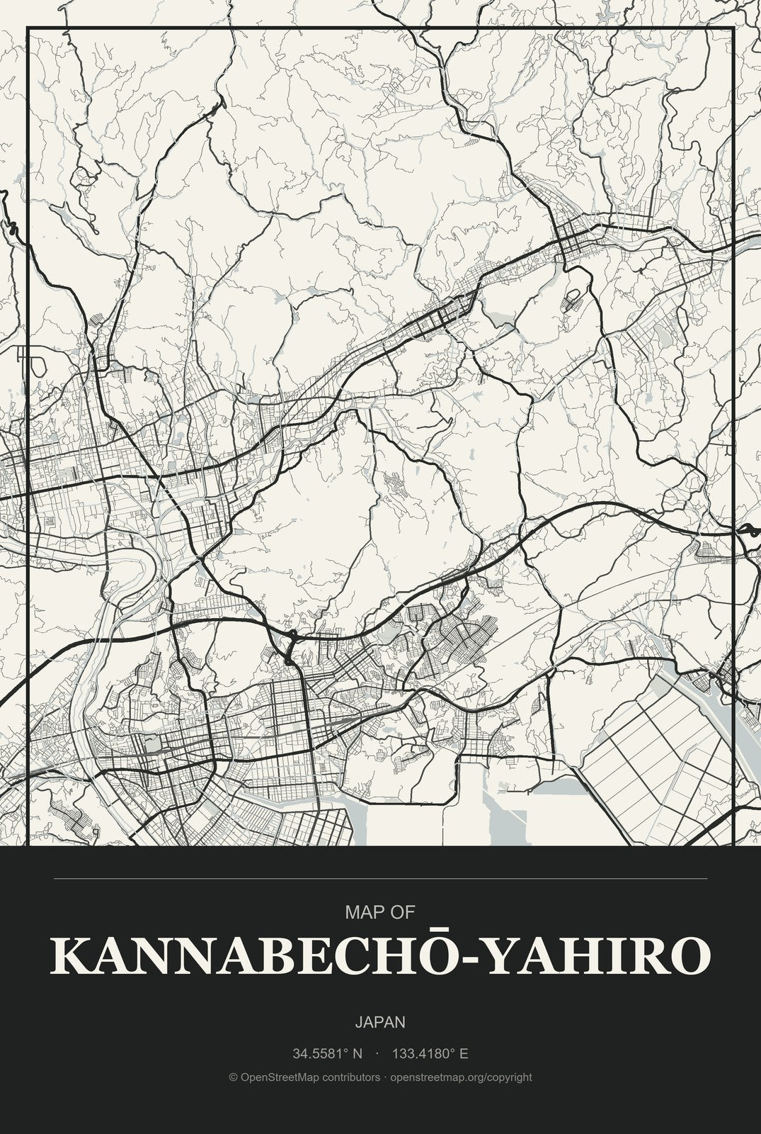 Kannabechō-yahiro, Japan City Map Aluminum Sign in Museum Plaque style