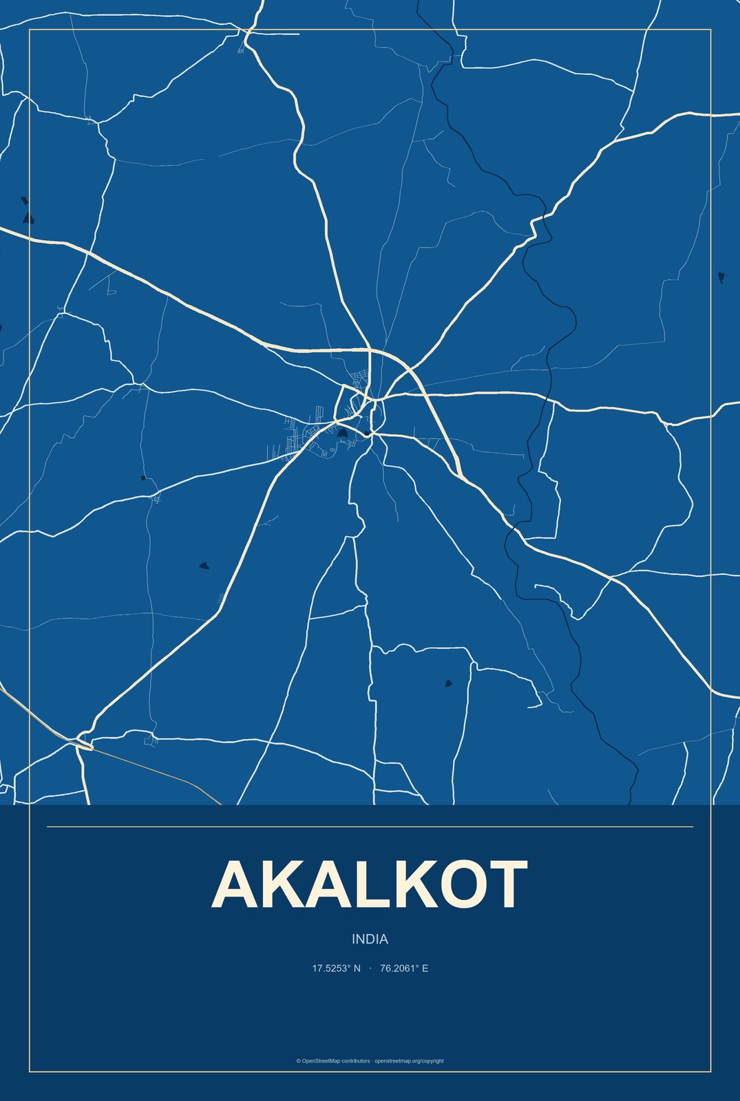 Akalkot, India City Map Aluminum Sign in Harbor Cobalt style