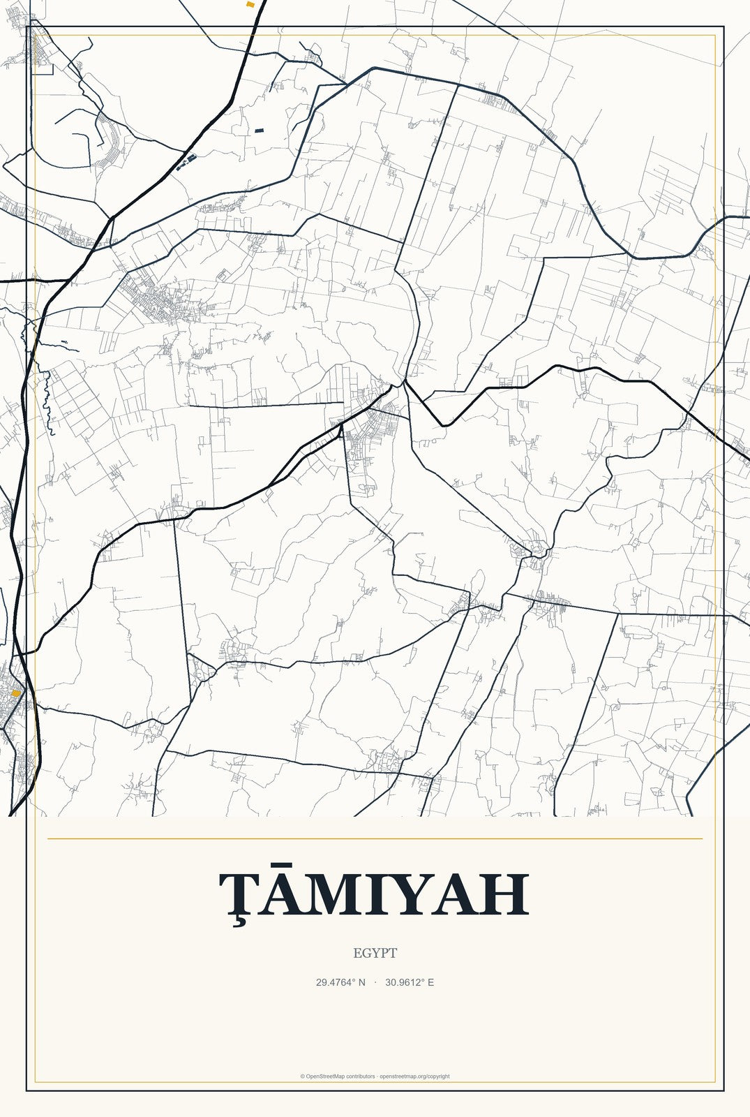Ţāmiyah, Egypt City Map Aluminum Sign in Citrine Modern style