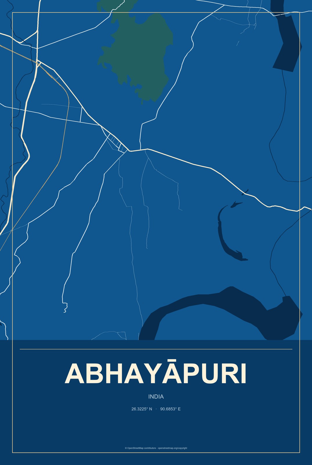 Abhayāpuri, India City Map Aluminum Sign in Harbor Cobalt style