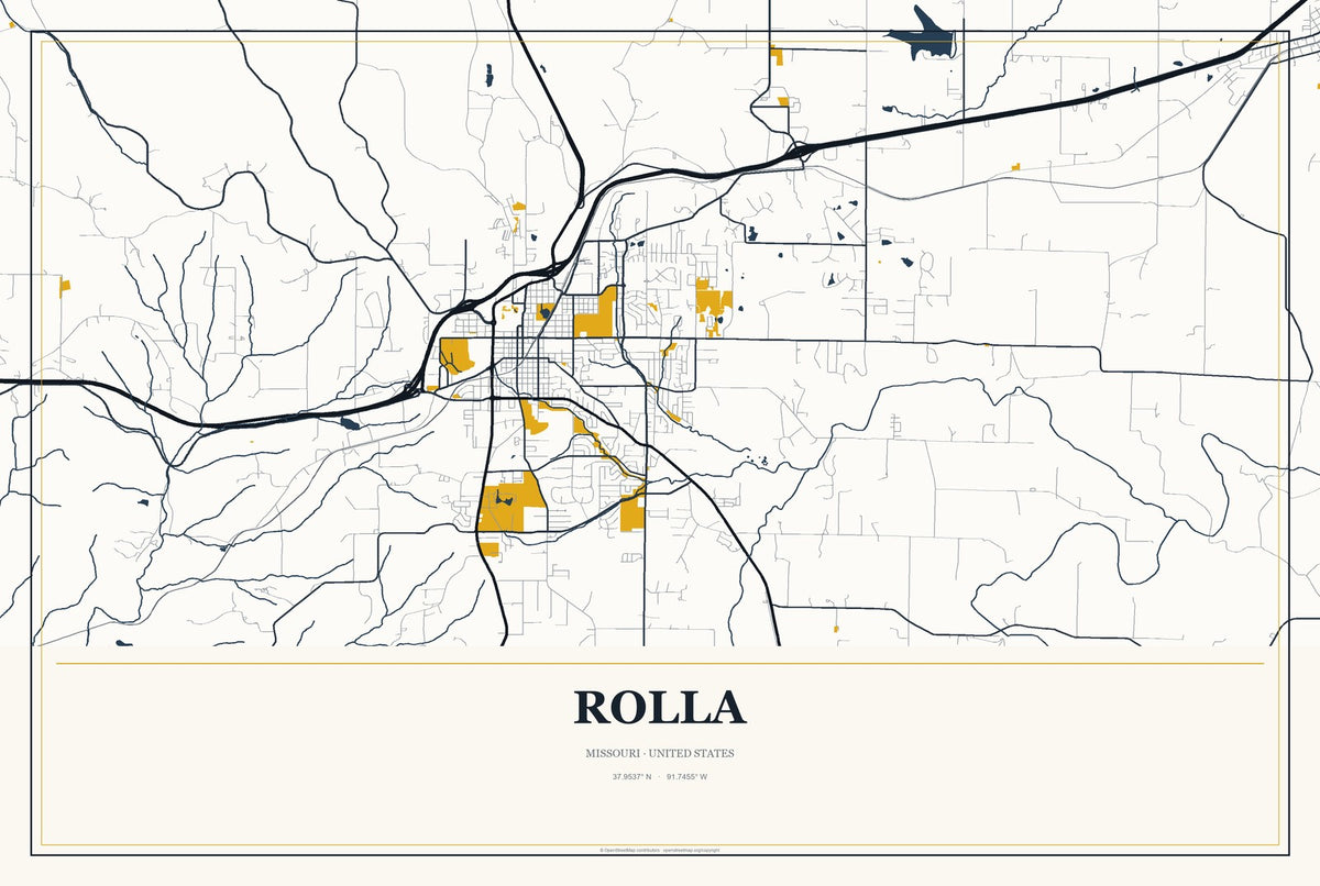 Rolla, Missouri City Map Aluminum Sign in Citrine Modern style